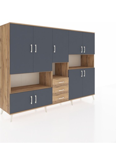 Hyperion Dolap 13 Raflı 3 Çekmeceli 9 Kapaklı 220x44x163 Çam-antr Çam-antrasit/çam