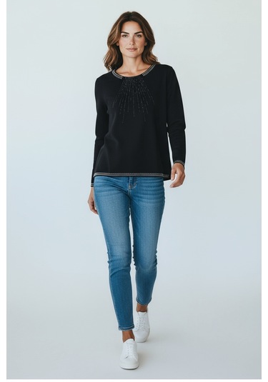 Kadın Yaka Ve Kol Ağzı Taşlı Etek Desenli Bluz Siyah