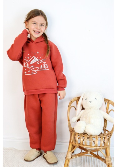 3 İp Baskılı Kapüşonlu Şardonlu İkili Takım Kiremit