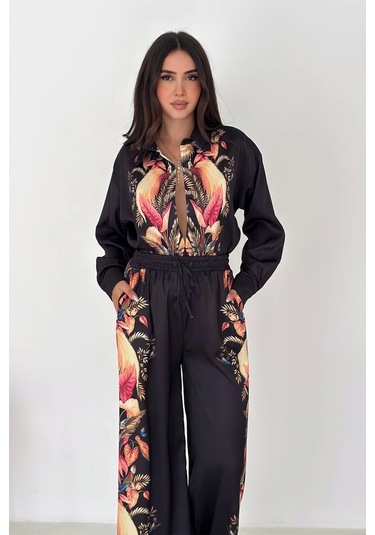 Saten Kumaş Desenli Takım Siyah Siyah