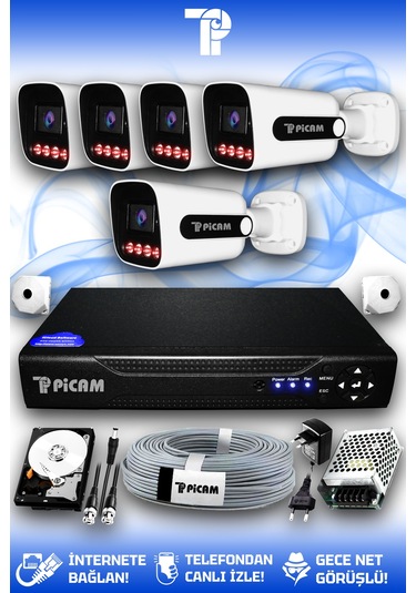 Picam 5 Kameralı Zebra 5 Dış Kamera Set 500 Gb 5 Mp 2k Net Gece Görüşlü Güvenlik Kamerası Sistemi
