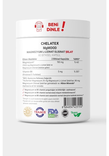 Chelatex Mgmood Magnezyum L-lizinat Glisinat Şelat 60 Bitkisel Ka