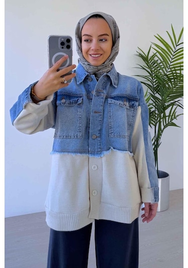 Ka Hijab Jean Detaylı Düğmeli Triko Hırka Mavi