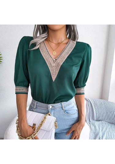 2023 Yaz Gevşek V Yaka Gömlek Bahar Kadın Zarif Dantel Şifon Yarım Kollu Bluz Casual Kazak Blusas Para Mujer Tops 25127 Siyah 2023 Yaz Gevşek V Yaka Gömlek Bahar Kadın Zarif Dantel Şifon Yarım Kollu Bluz Casual Kazak Blusas Para Mujer Tops 25127 Siyah