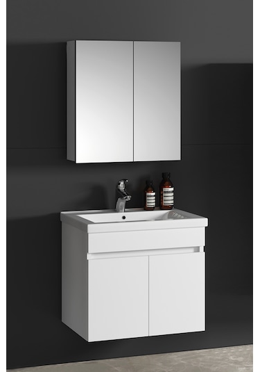 65 Cm Çiğdem Beyaz Mdf Seramik Lavabolu Asma Banyo Dolabı Takımı Beyaz