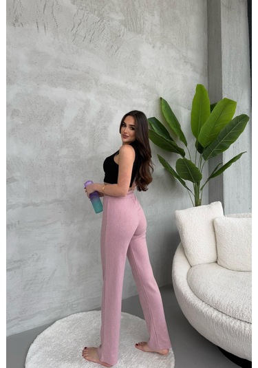 Kadın Gül Kurusu Yüksek Bel Fitilli Bol Paça Günlük İnce Eşofman Altı GÜL KURUSU