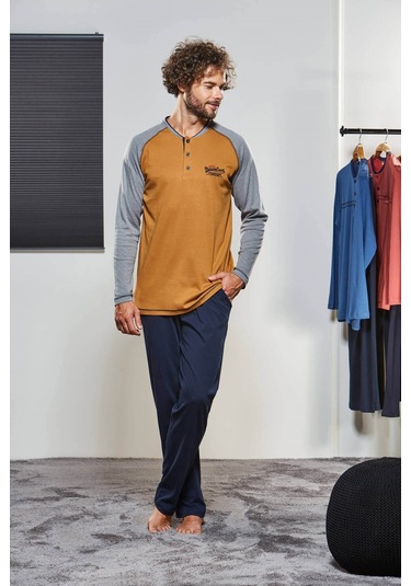 Pjs Erkek Kışlık Uzun Kol Hardal Pijama Takımı - Hardal
