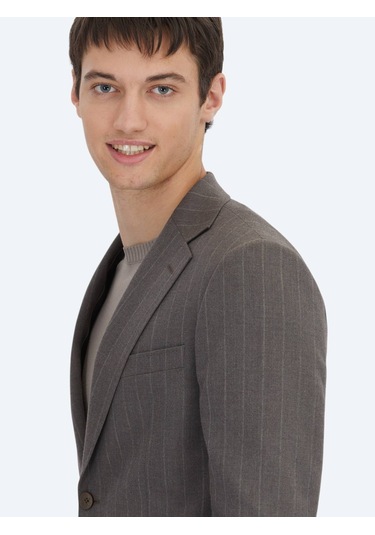 Kahverengi Çizgili Modern Fit Yün Karışımlı Takım Elbise Kahverengi