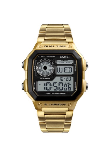 Yunboo Erkekler İçin Dijital Saat - Güneş Işığı, Stopwatch, Alarm, Hafta/gün Gösterimi - Paslanmaz Çelik Kordon - Altın Renk Çok Renkli