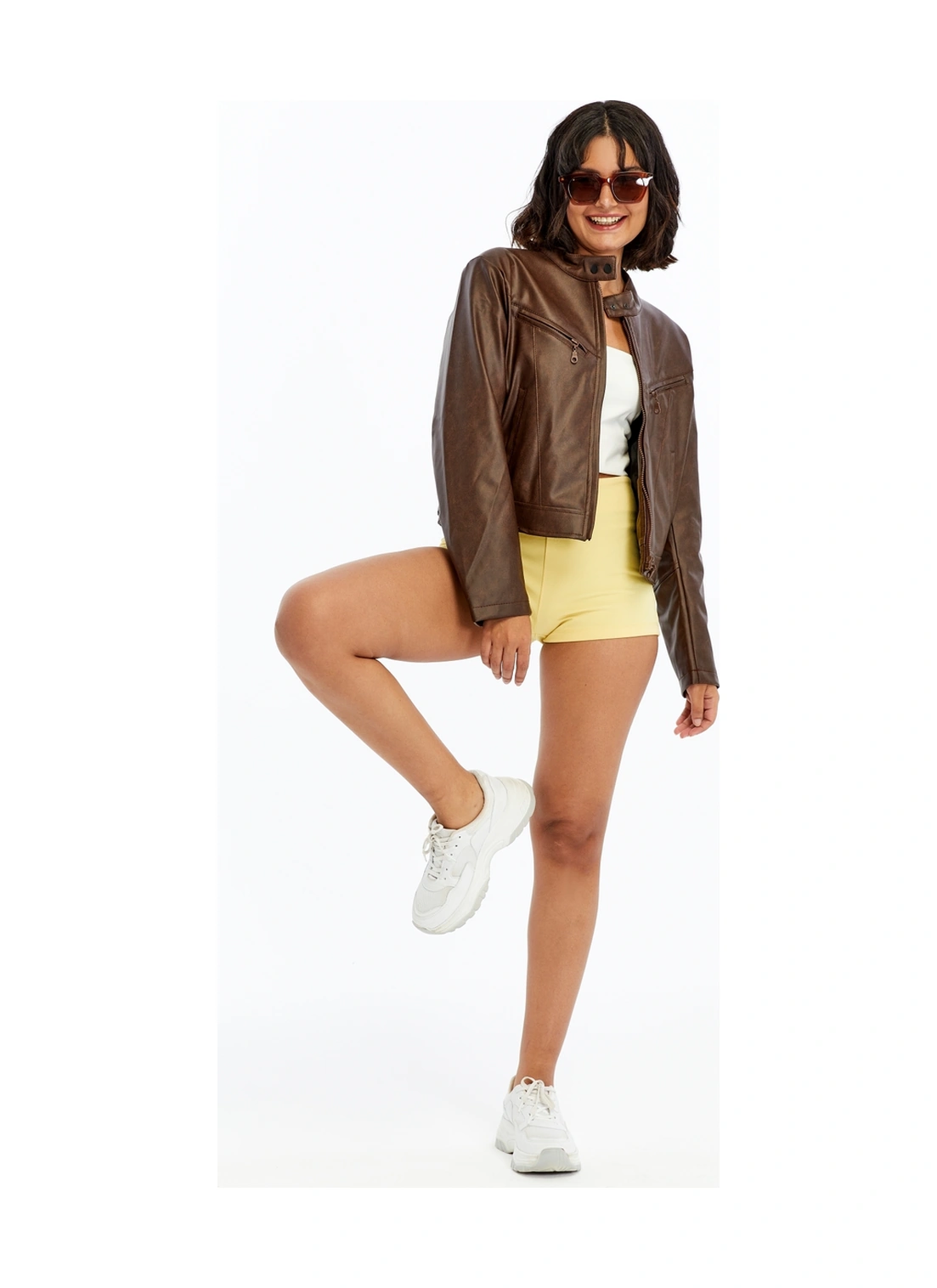 Kadın Deri Ceket Niş Kompakt Tasarım Mont Günlük Kullanım Fermuar Hakim Yaka Şık Ceket Kahverengi