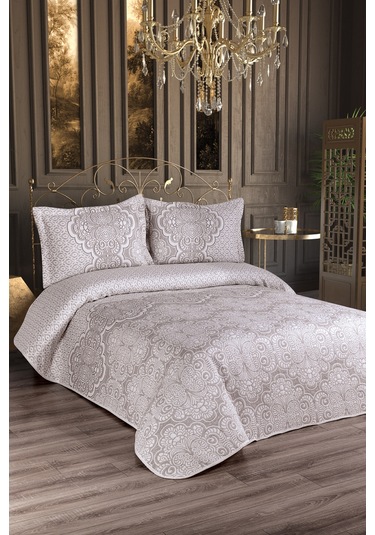 DELÜX MARİLLA 3 PARÇA YASTIKLİ PİKE TAKIMI Kahve - Krem