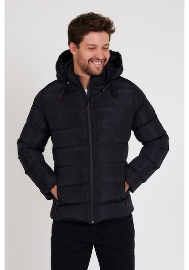 Erkek Siyah Dar Kesim Kapüşonlu Dik Yaka Şişme Mont