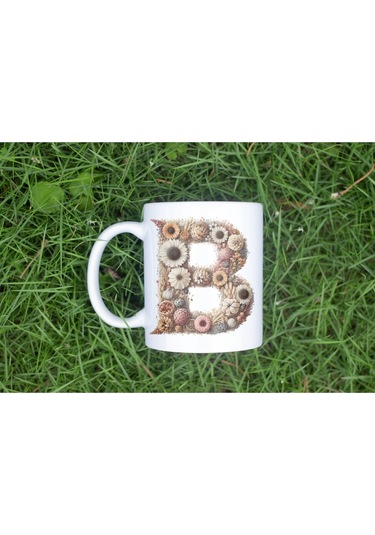 B Harfi Çiçek Desenli Kupa Bardak - Alfabe Harfleri İle Doğal Çiçekli Kupa - Hediye Fikir Beyaz