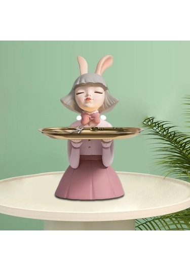 Opulentliving Sunttek Reçine Kız Figürü Dekoratif Kozmetik Tepsi Pembe Gece Kullanımı