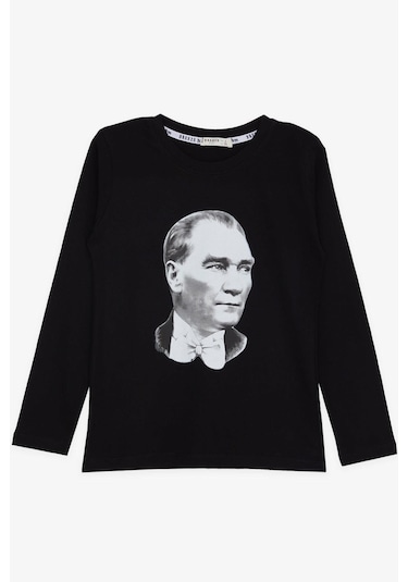 Breeze Erkek Çocuk Uzun Kollu Tişört Atatürk Baskılı 5-14 Yaş, Siyah Siyah