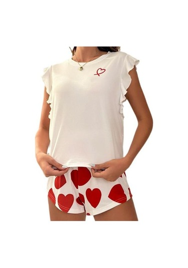 Kadın Pijama Takımı Fırfırlı Kısa Kollu Üst Ve Aşk Kalbi Baskılı Şort Seti Yazlık Günlük 2 Parça Gecelik Ev Giyim Seti Kırmızı
