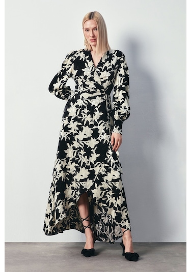 Sateen Çiçek Desenli Uzun Elbise - Siyah