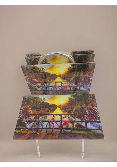 Liza Serisi Çanta Zigon, 4 Lü Katlanabilir Sehpa, Cam Sehpa, Çanta Sehpa Krom Ayak Bisiklet