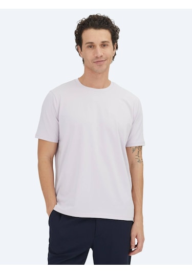 Kip Lila Düz Bisiklet Yaka Pamuk Karışımlı T-shirt Lila