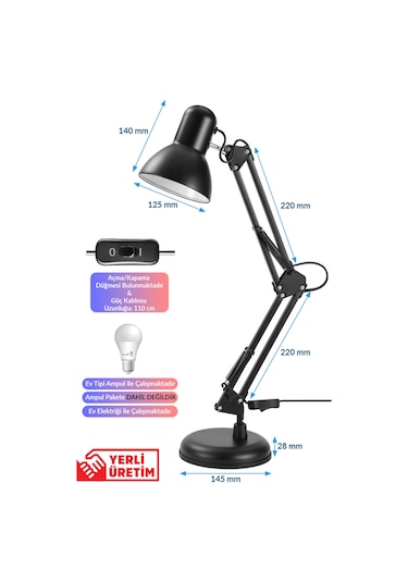 2li Set Masa Lambası + Kronometreli Öğrenci Saati Akrobat Metal 360 Çalışma Masası Lambası Siyah Siyah