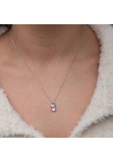 Gümüş Pembe Taşlı Sevimli Kedi Kadın Kolye Sl9979 Gümüş