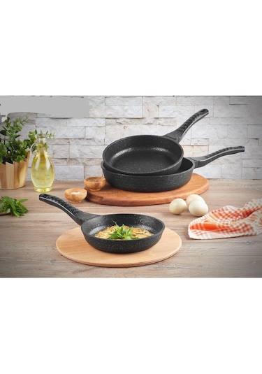 Leony 3 Parça Tava Seti 20 CM-24 CM-28 CM Siyah Döküm Granit Kaplama