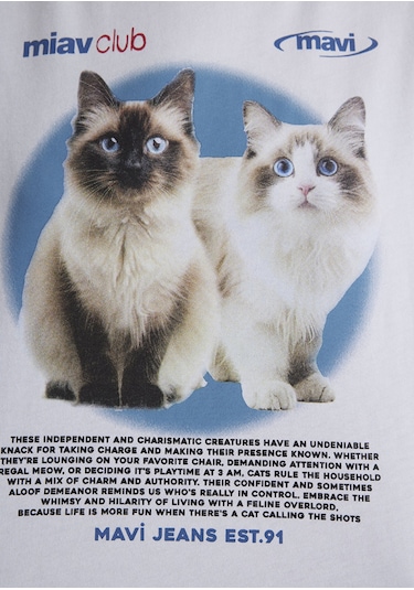 Mavi - Kedi Baskılı Beyaz Tişört 1613098-620 Beyaz