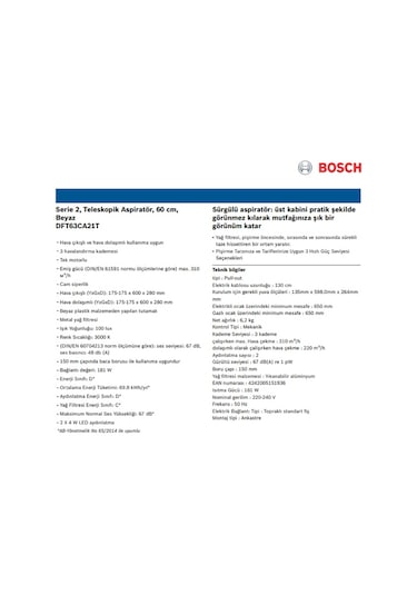 Bosch DFT63CA21T Teleskopik Aspiratör Beyaz