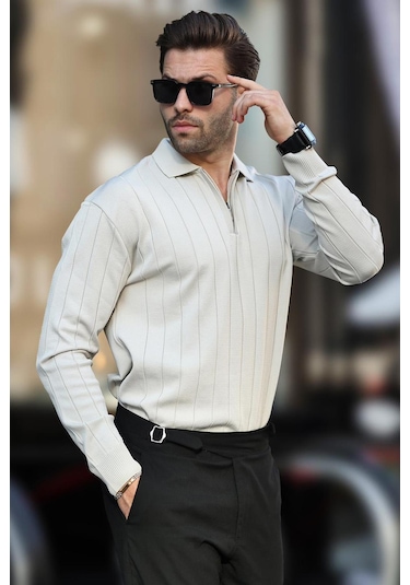 Madmext Bej Polo Yaka Fermuarlı Örme Kazak 7242-bej Bej