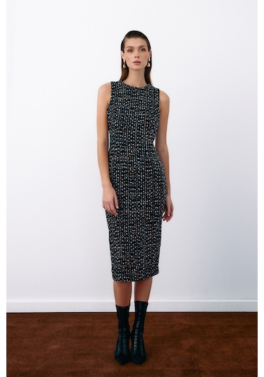 Sateen Kolsuz Tüvit Kalem Elbise - Siyah-135068 Siyah