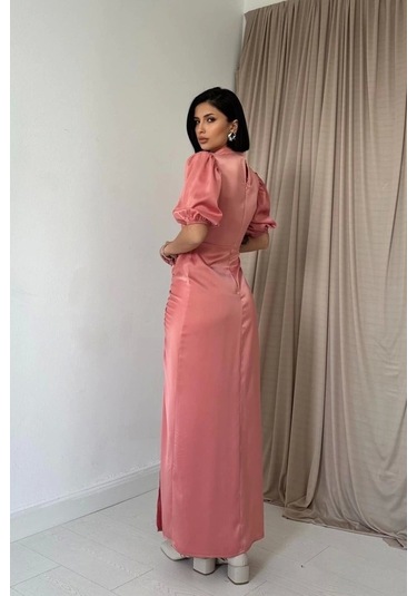 Pudra Büzgülü Saten Elbise Pudra