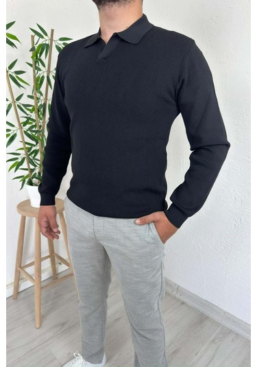 Explode - Erkek Siyah Polo Yaka Regular Triko Kazak Siyah