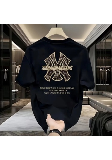 Prosperlink Erkek Baskılı Tişört - %100 Pamuk, Bol Kesim, 2025 Yaz Modası Black