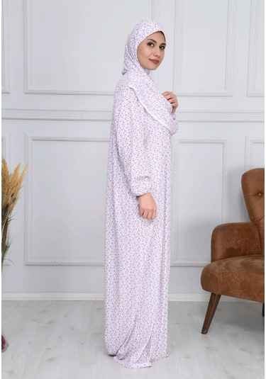 Pamuk Başörtülü Pratik Namaz Elbisesi Beyaz