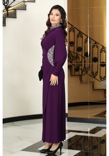 Taş Detaylı Lavinni Tesettür Abiye Elbise Mürdüm