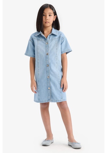 DeFacto Kız Çocuk Gömlek Yaka Kısa Kollu Pamuklu Yazlık Jean Elbise E1762A825SMNM39