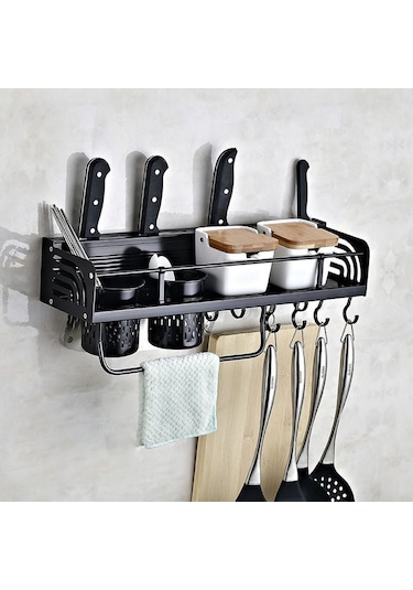 Sones B Versiyon 50cm 2 Bardak 10 Kanca Mutfak Çok Fonksiyonlu Duvara Monte Baharatlık Saklama Rafı Siyah