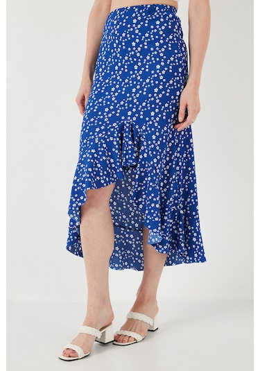 Lela Çiçek Desenli Regular Fit Volanlı Yüksek Bel Midi Boy Yırtmaçlı Bayan Etek 5869012 Saks