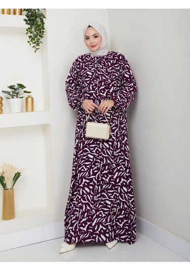 Desenli Önü Büzgülü Viskon Elbise - Mor / E0131 Mor