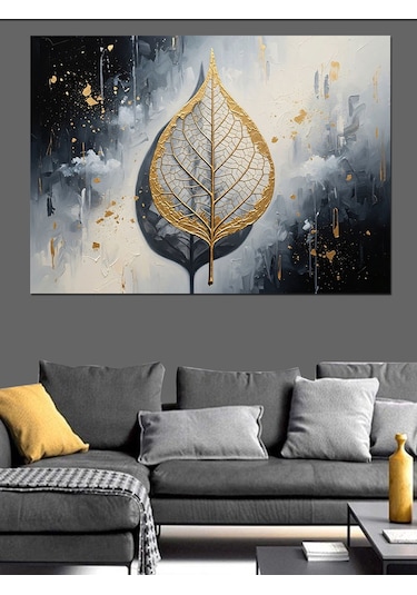 Ahşap Tablo Altın Varaklı Yaprak Deseni