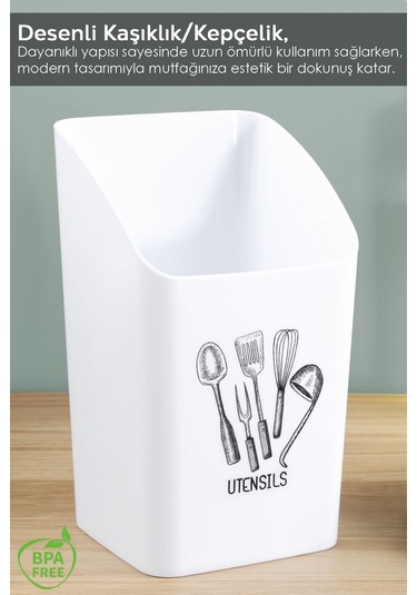 2'li Tezgah Üstü Kaşıklık - Mutfak Organizer Düzenleyici Kepçelik Kaşık Bıçak Standı Beyaz