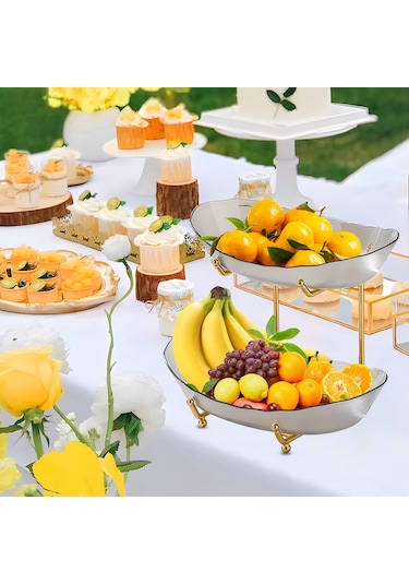 Reedark İki Katlı Akrilik Meyve Sepeti, Şık Çerez Ve Tatlı Tepsisi, Gri Renk, Ev Ve Otantik Dekorasyon İçin Gri