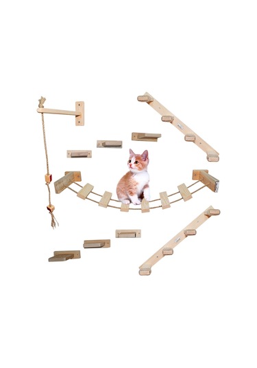 10 Parça Doğal Ahşap Duvar Kedi Oyun Merdiveni Seti Köprü SET1