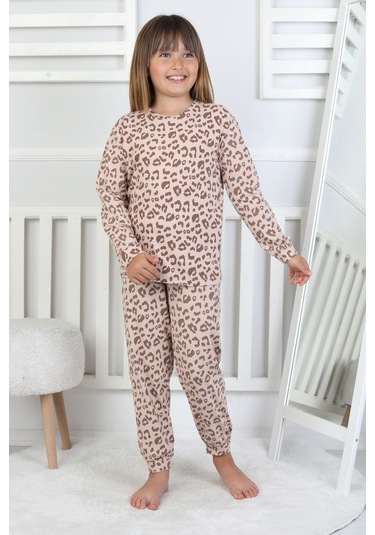 Minik Uyku Avcısı - Vahşi Rahatlık Serisi Leopar Desenli Kız Çocuk Pijama Takımı Kahverengi