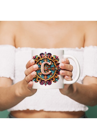 C Harfi Boho Bardak, Renkli Özel Tasarım Hediyelik Harfli Kupa, 330ml Porselen Beyaz