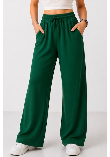 Trend Alisse Beli Lastikli Cepli Bol Paça Kadın Pantolon Haki