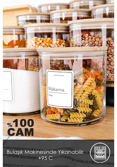 12'li Bambu Kapak Cam Saklama Kabı - Bakliyat Erzak Kavanozu Vakum Kapaklı Cam Kavanoz Seti 680 Ml Şeffaf