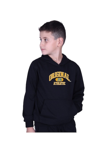 Kapüşonlu Kanguru Cepli Orıgınal Baskılı Erkek Çocuk Sweatshirt Siyah