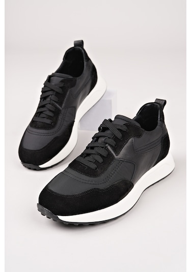 Muggo Svenson Kalın Taban Bağcıklı Hakiki Deri Erkek Günlük Sneaker Spor Ayakkabı Siyah
