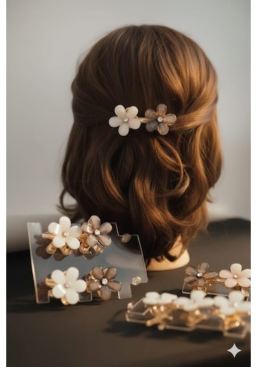 Çiçek Şeklinde Metal Toka, Metal Klipsli Renkli Çiçek Toka 4 Adet Pudra - Siyah